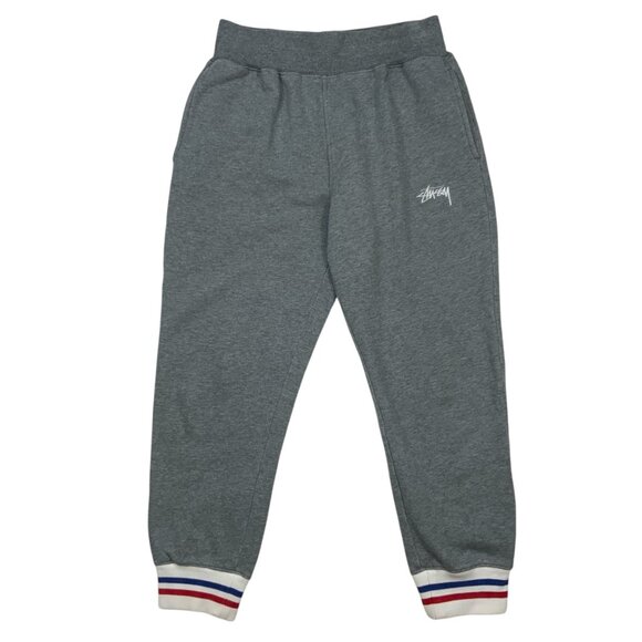 Stussy Mens Jogger Sweat Pant S Gray Logo Pull On Fit Pockets Striped Cuffs - Picture 1 of 13